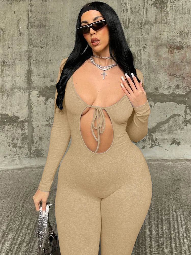 Dulzura Solid Pure Hole Hollow Out Straps Lace-Up Jumpsuit Long Sleeves 2023 Summer Autumn For Women Sexy Streetwear Wholesale