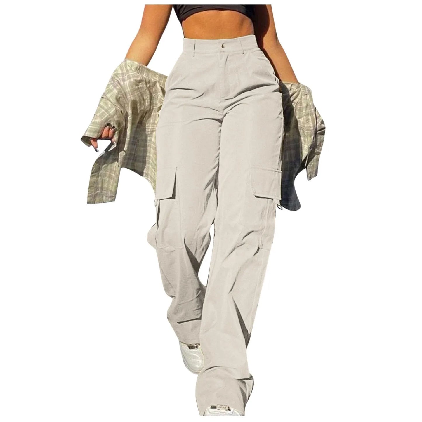Women Cargo Pants With Pockets Stretch High Waisted Casual Sweatpants Straight Wide Leg Long Pants Sporty Jogger Trouser