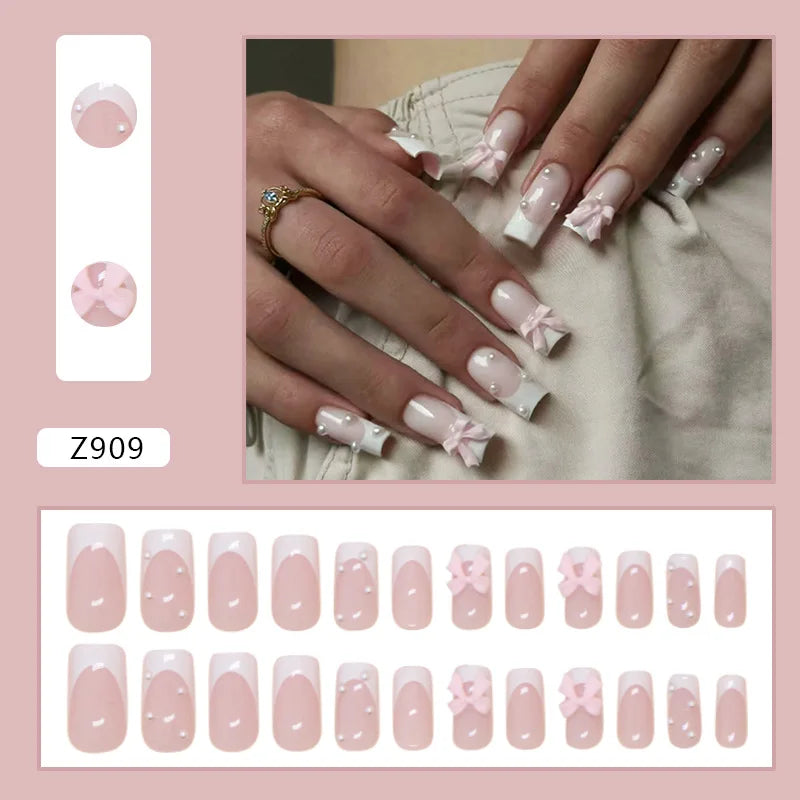 24pcs White French Ballet Fake Nails with Pink Bow Design Sweet Girl False Nails Wearable Ins Simple Pearl Decor Press on Nails