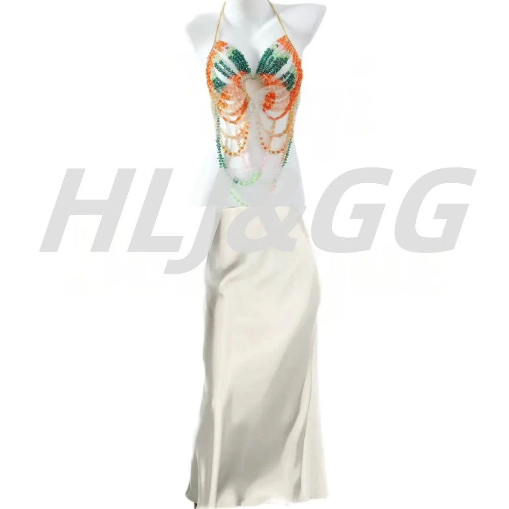 HLJ&GG Sexy Rhinestone Beads Halter Hollow Two Piece Sets Women Sleeveless Backless Top + Satin Skinny Skirts Outfits Streetwear