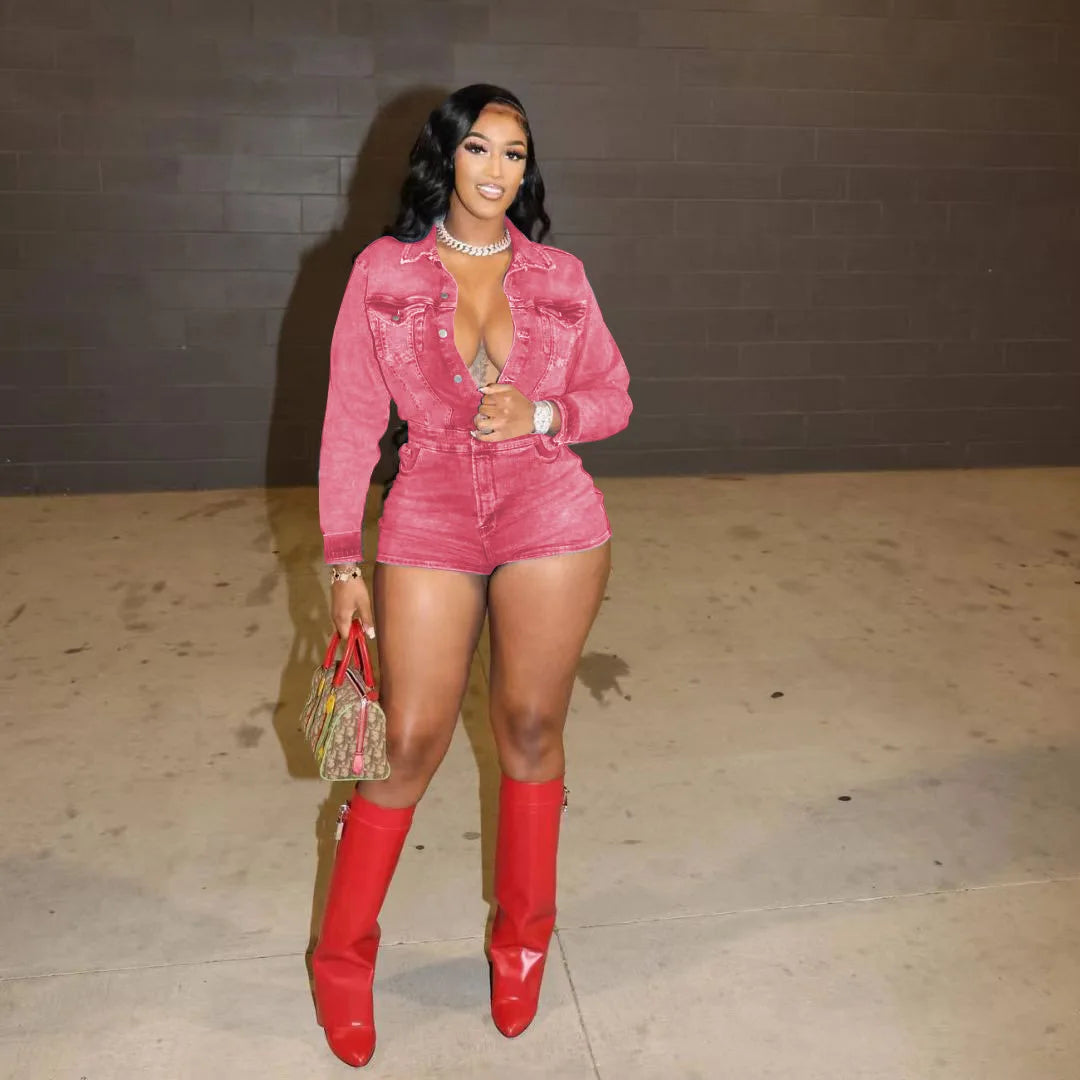 HLJ&GG Fashion Bodycon Denim Romper Woman Solid Color Long Sleeves One Piece Jumpsuit Female Streetwear Overalls 2025 Summer New