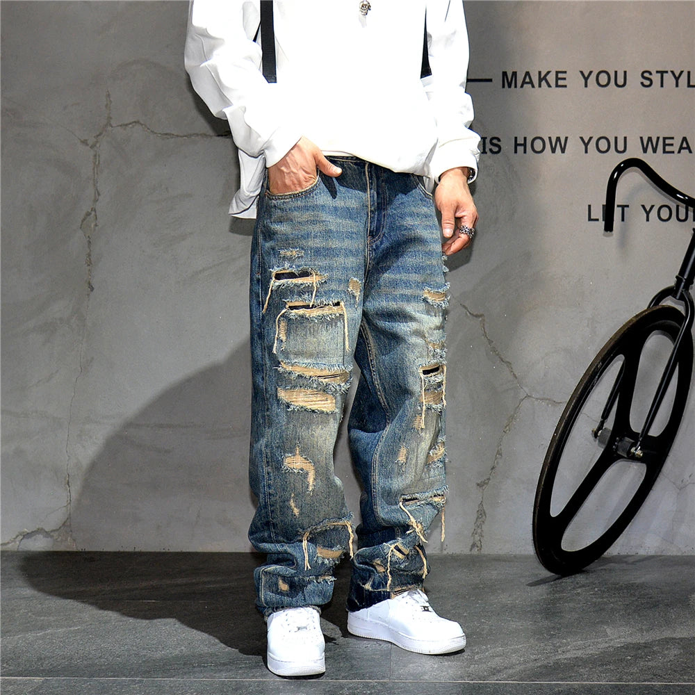 Ripped Baggy Jeans Distressed Denim Streetwear Skateboard Pants Straight Leg Patchwork Oversized Urban Fashion Workwear, men's jeans
