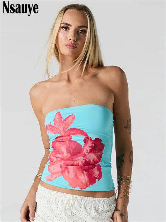 Nsauye 2025 Fashion Women Summer Y2K Clothes Skinny Floral Print Mini Tube Tank Tops Sleeveless Sexy Club High Street Crop Tops