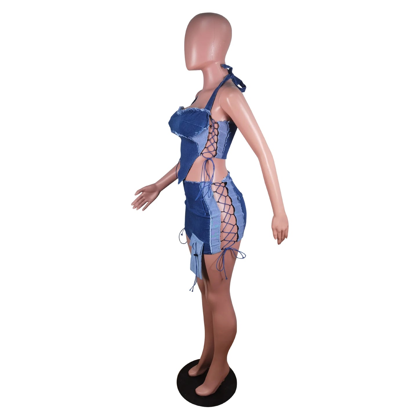 Weird Puss Hollow Bandage jeans 2 Piece Set Women Irregular Halter Zipper Sleeveless Crop Tops+Distressed Patchwork Skirts Suit