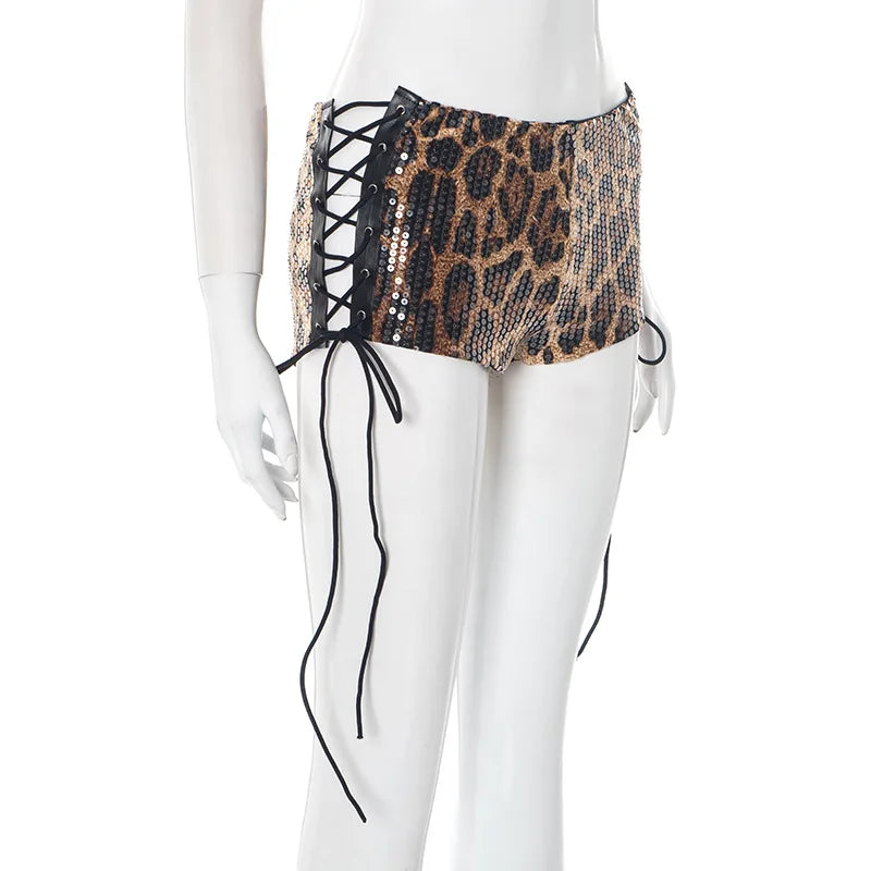 HLJ&GG Y2K Fashion Cherry Tshirts Two Piece Sets Women O Neck Short Sleeve Slim Crop Top + Bandage Sequin Leopard Shorts Outfits
