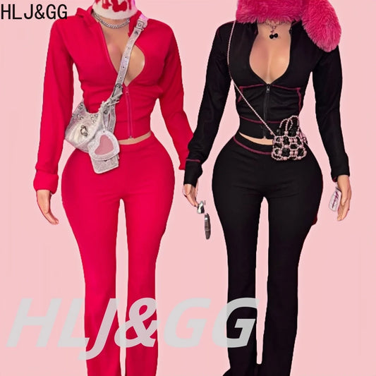 HLJ&GG Spring New Waffle Flare Pants Two Piece Sets Women Zip Hooded Long Sleeve Top + Pants Outfits Casual Sporty 2pcs Clothing