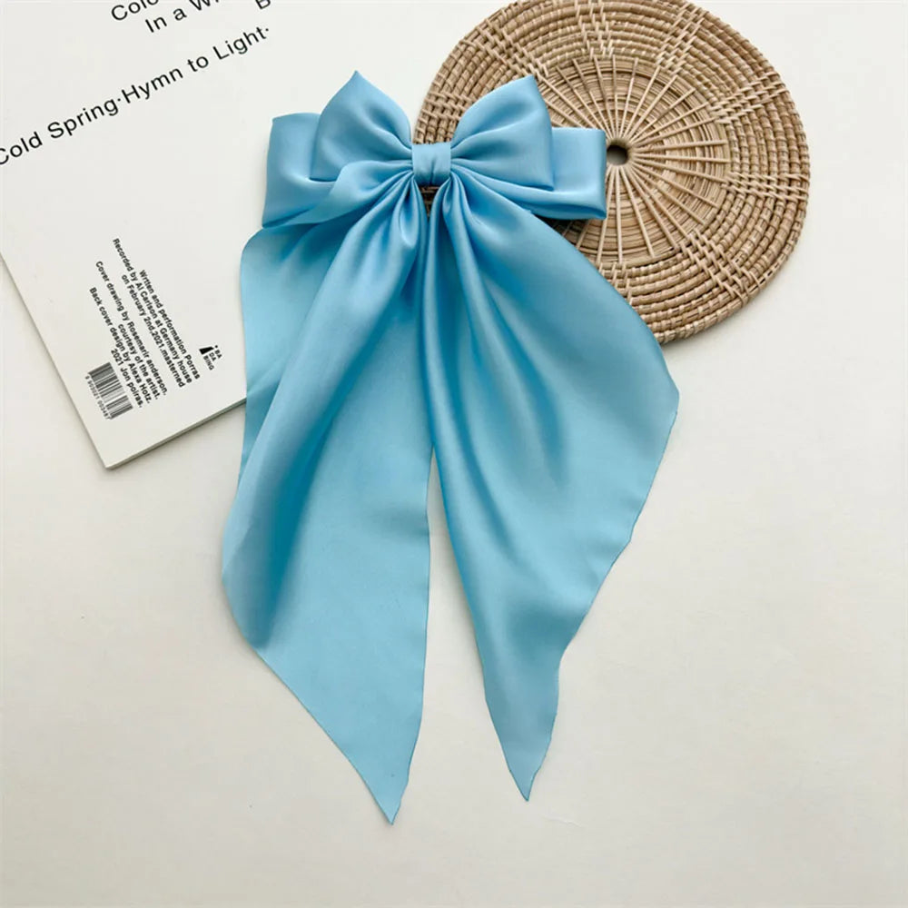 Ladies Satin Large White pink Red Blue Black Ribbon bow Oversized bow Long tail hair clip spring clip ponytail Hair accessorie