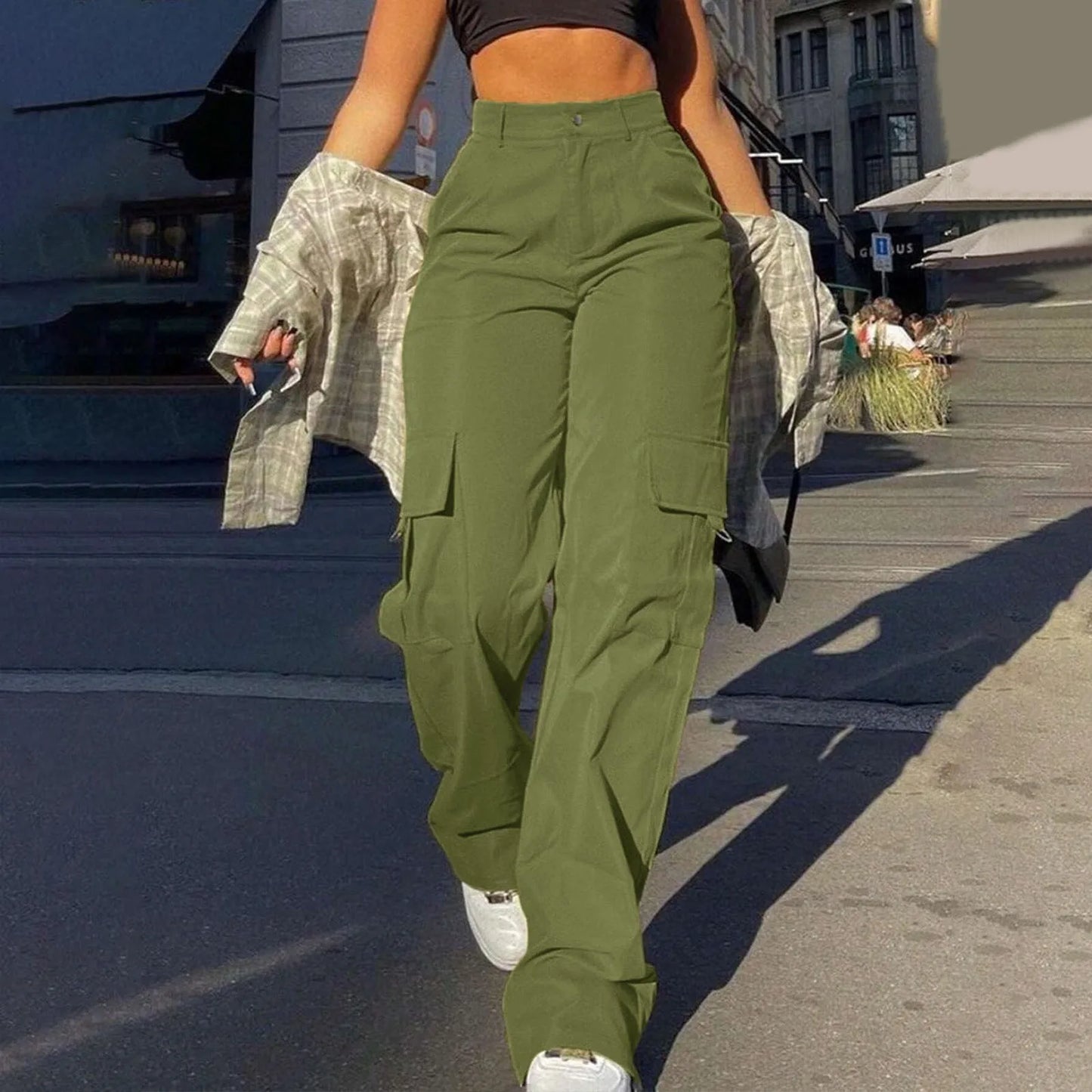 Women Cargo Pants With Pockets Stretch High Waisted Casual Sweatpants Straight Wide Leg Long Pants Sporty Jogger Trouser