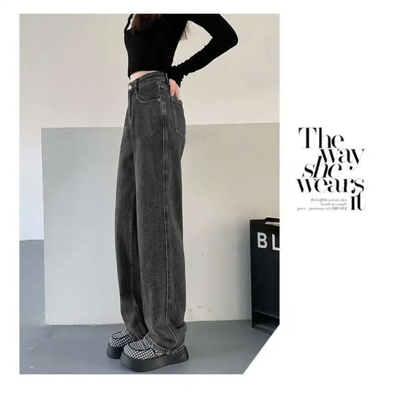 Ladies Vintage Wide Leg Jeans Girls High Waist Pants Female Fashion Black Black Grey Retro Blue Light Blue Pink Trousers