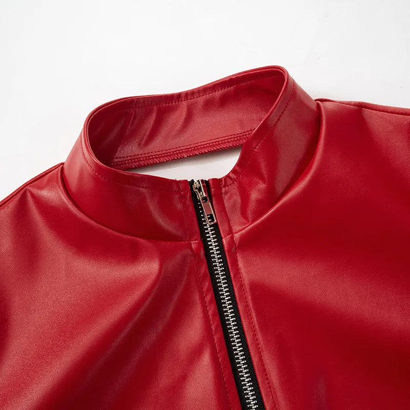 HLJ&GG Red Fashion Leather Puffy Mini Skirts Two Piece Sets Women Zip Long Sleeve Jacket And Skirts Outfit Y2K Female Streetwear