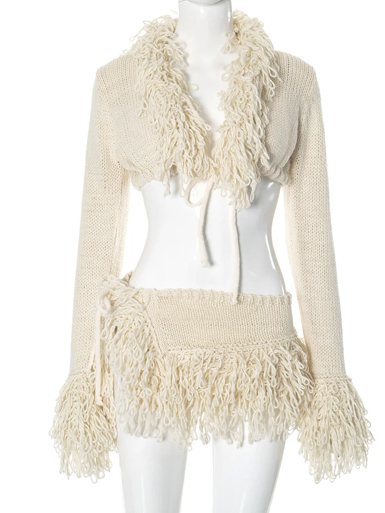 Weird Puss Crochet Tassel 2 Piece Set Women Lace-Up Cardigan Full Sleeve Crop Tops+Irregular Slits Mini Skirt Sexy Hipster Suit
