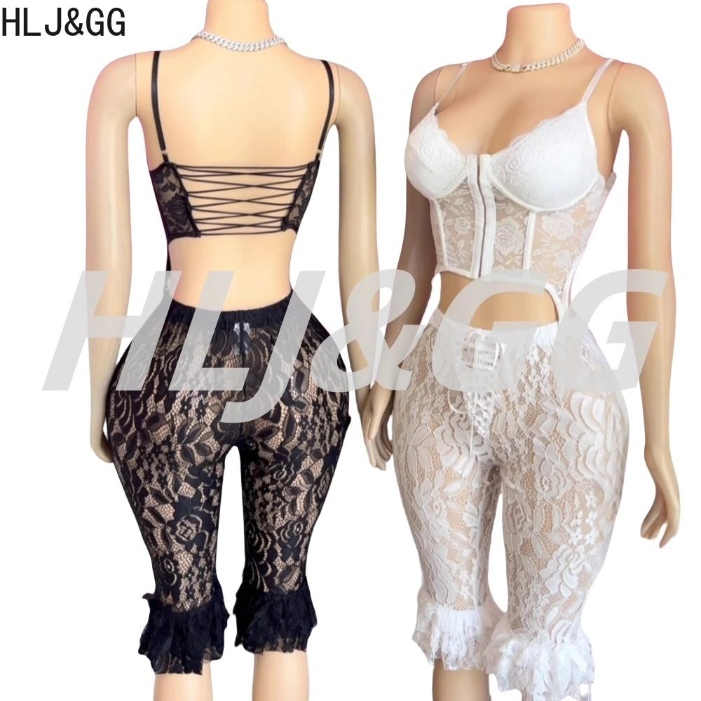 HLJ&GG Sexy Lace See Though Bandage Skinny Shorts Two Piece Sets Women V Neck Spaghetti Strap Slim Crop Top And Shorts Outfits