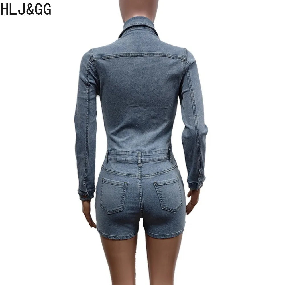HLJ&GG Blue Fashion Pocket Denim Bodycon Rompers Women V Neck Long Sleeve Slim Cowboy One Piece Jumpsuits Sexy Female Overalls