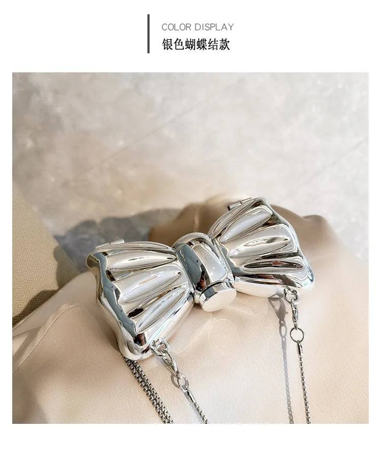 New Mini Evening Bag Metal Purse Crossbody Handbag for Girls Kid Women Bowknot Chain Shoulder Bag for Party Wedding