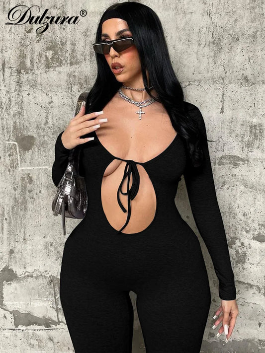 Dulzura Solid Pure Hole Hollow Out Straps Lace-Up Jumpsuit Long Sleeves 2023 Summer Autumn For Women Sexy Streetwear Wholesale