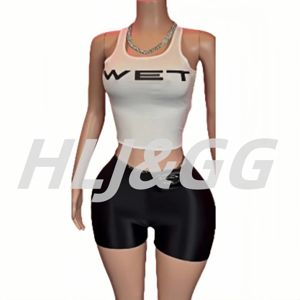 HLJ&GG Sexy Hot Girl Letter Print Bodysuits Two Piece Sets Women Round Neck Sleeveless Top And Shorts Outfits Fashion Streetwear