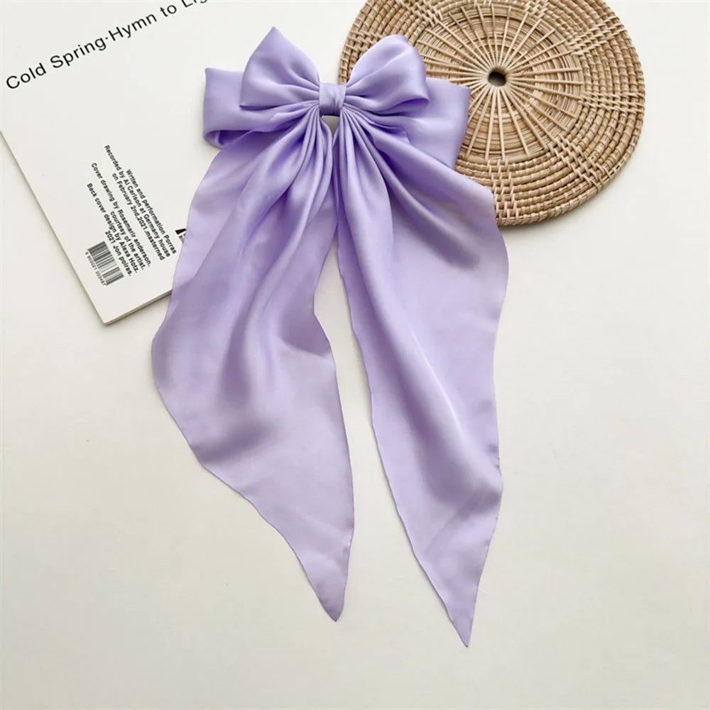 Ladies Satin Large White pink Red Blue Black Ribbon bow Oversized bow Long tail hair clip spring clip ponytail Hair accessorie