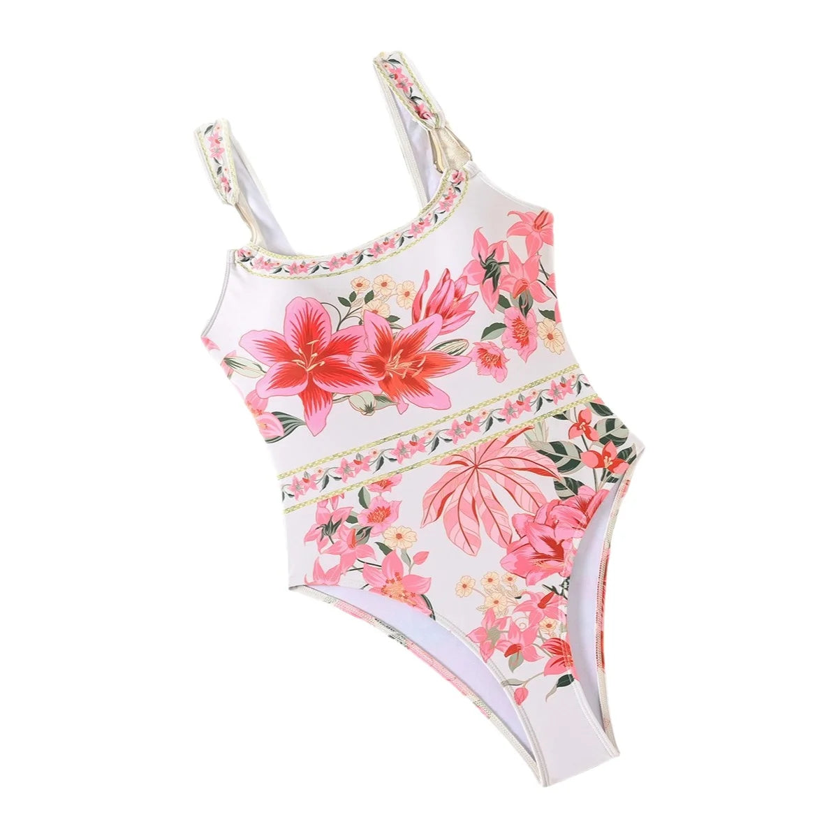 Pink Floral Print One-Piece Swimsuit Bikini Strap Sexy Beach Vacation Conservative Pure Desire Women's Casual Swimwear