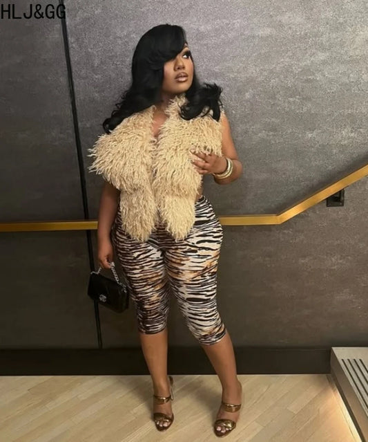 HLJ&GG Fashion Hot Girl Fur Feather Halter Top Two Piece Sets Women Sleeveless Backless Slim Waistcoat And Leopard Shorts Outfit