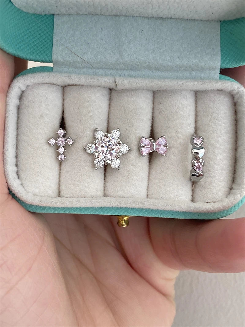 1 PCS New Fashion Cute Pink Zircon Crystal Ear Bone Nail 316L Medical Titanium Steel Earrings for Women Y2K Punk Jewelry