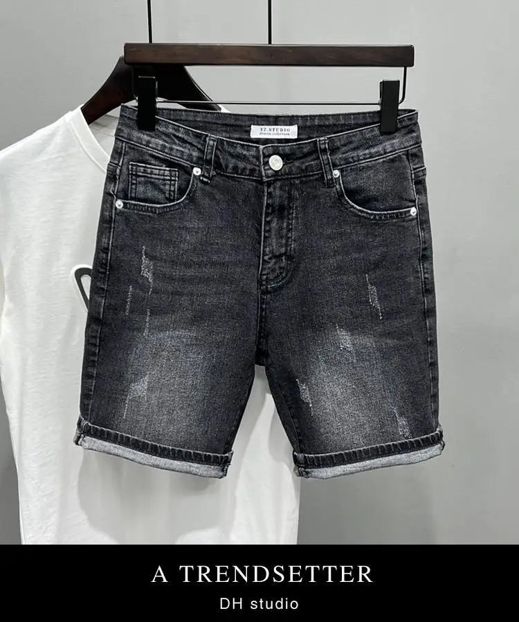 New Summer Men’s Casual 2024 Knee Length Denim Shorts Black Designer Boyfriend Slim Stretch Five Pocket Denim Short Pants