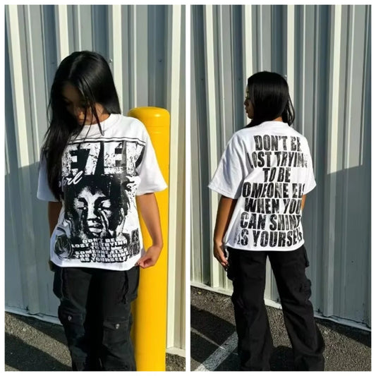 y2k top Alphabet print Street Harajuku short sleeve T-shirt Men 2024 American retro loose top couple casual oversized shirt