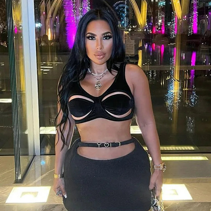 HLJ&GG Sexy Hollow Out Backless Slim Tank Top Women Round Neck Sleeveless Crop Vests Black Fashion Solid Nightclub Clothing 2025