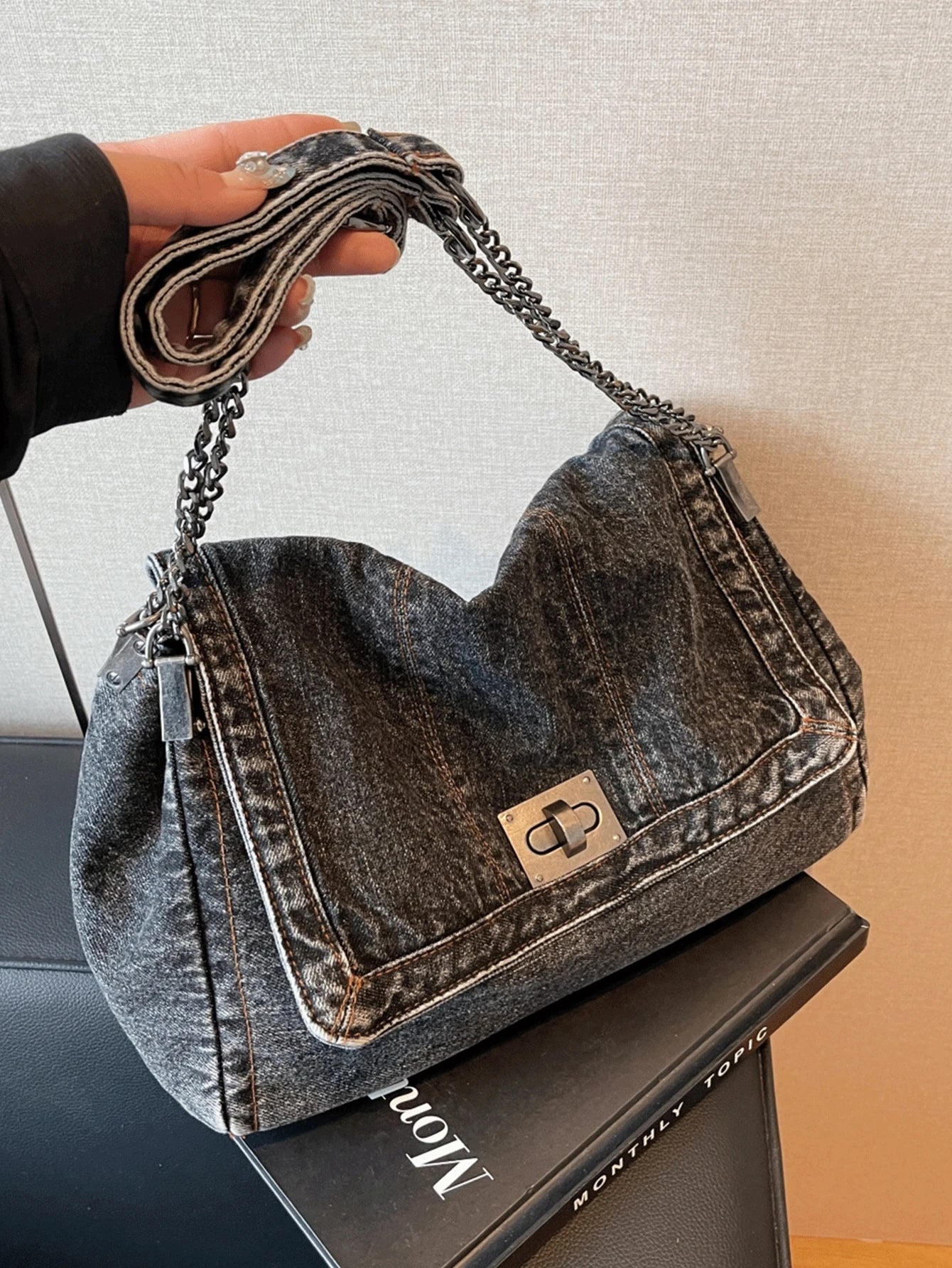 Jeans Tote Bag with Metal Buckle and Chain Strap Deep Blue Light Blue Black Vintage Stitching Design for Women Non-Adjustable Sl