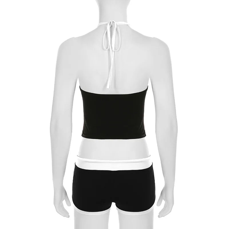 HLJ&GG Sexy Letter Printing Baddie 2 Piece Sets Outfits Spaghetti Strap Halter Backless Tank Crop Tops + Shorts Suits Streetwear