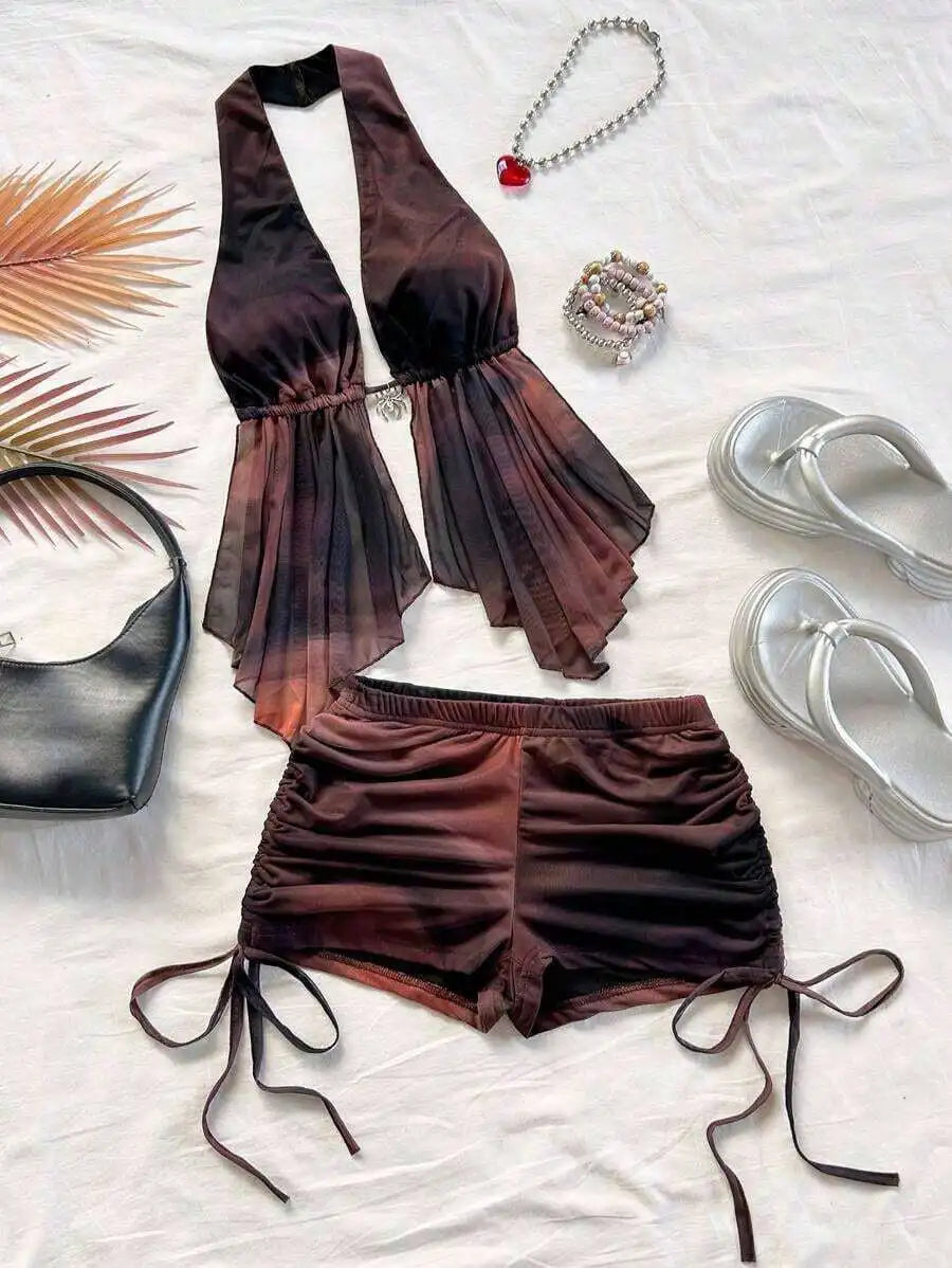 2pcs Women Halter Backless Tie-Up Top And Ruched Drawstring Shorts Set