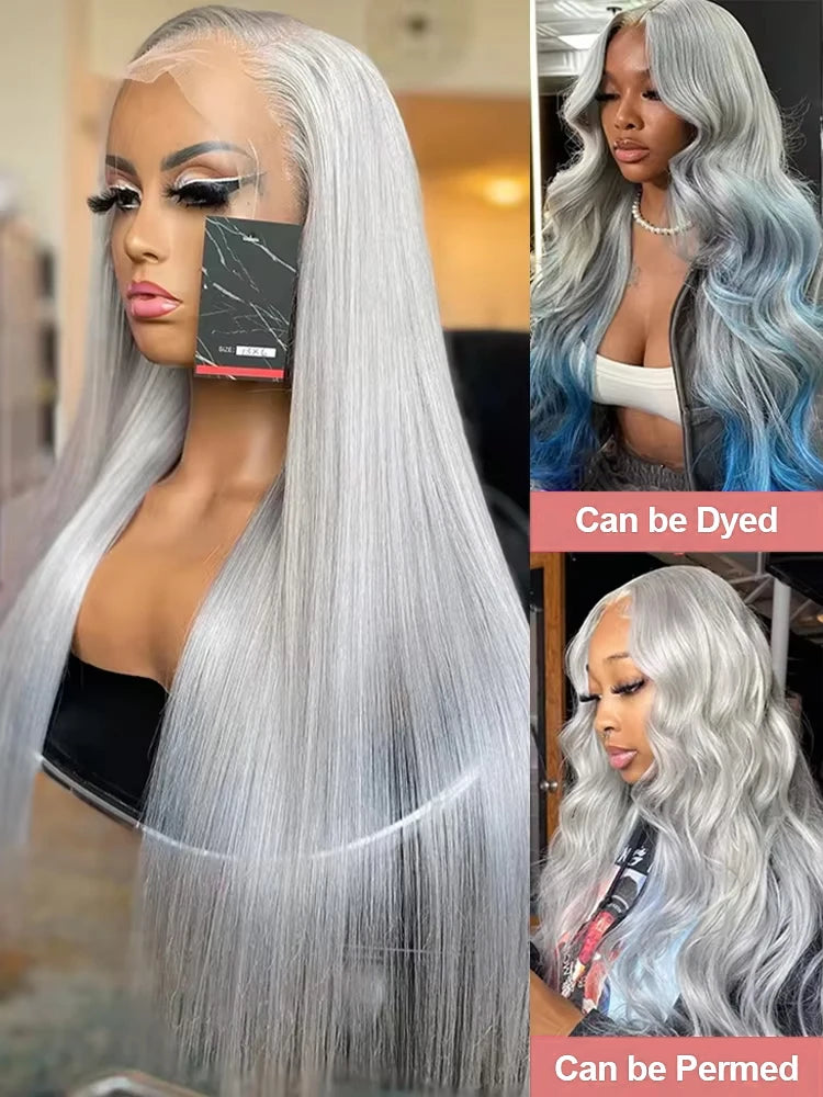 Silver Grey Straight Lace Front Human Hair Wig 40 Inches Colored HD Transparent 13x6 Lace Frontal Wig for Women Preplucked 250%