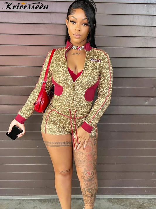 Kricesseen Fashion Women Leopard Print Zippers Jacket Top And Matching Shorts Set 2 Piece Outfits Night Clubwear Female Overalls