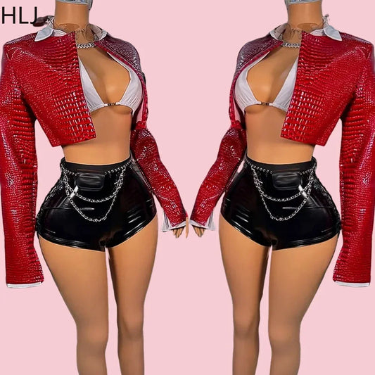 HLJ&GG Fashion Y2K Leather Snake Jacket Coat Three Piece Sets Women Lapel Long Sleeve Crop Top+Shorts Outfits Trend Streetwear