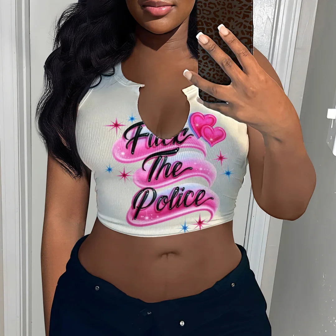 HLJ&GG 2024 INS Fashion Y2k T Shirts Letter Print Crop Tops Girls Streetwear Short Sleeve Slim-fit V-neck Tees T Shirt White New