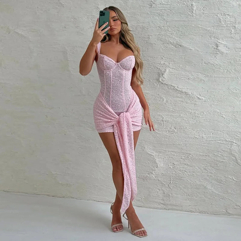 Weird Puss Summer Elegant Dress Women Y2K Chic Low-Neck Jacquard Wrapped Ribbon Bandage Birthday Party Clubwear Midnight Bodycon