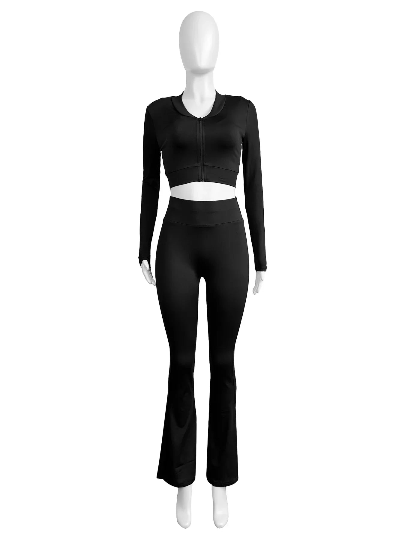 HLJ&GG Casual Solid Bodycon 3 Piece Sets Outfit Women Slim Crop Tops + High Waist Flare Pants Long Sleeves Coats Tracksuits 2024