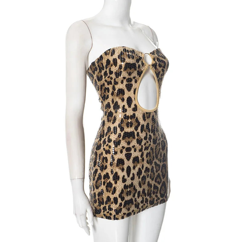 HLJ&GG Y2K Fashion Leopard Sequined Shorts Two Piece Sets Women Letter Print Round Neck Slim Crop Top And Shorts Outfits 2025
