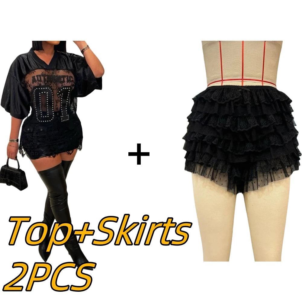 HLJ&GG Y2K Fashion Lace Splicing Letter Two Piece Sets Women V Neck Short Sleeve Loose Top+Mini Ruffle Skirts Outfits Streetwear