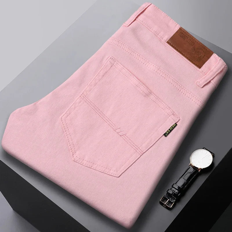White Yellow Pink fashion 5 Color Men's Cotton Casual Pants Jeans Slim Straight Solid Color Business Trousers Four Seasons Brand