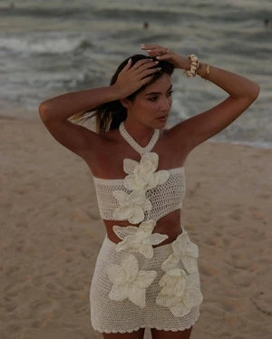 STYLISH LADY Floral Appliques Dress 2025 Summer Women Halter Hollow Out Sexy Club Beach Holiday Mini Lace Vestidos De Festa