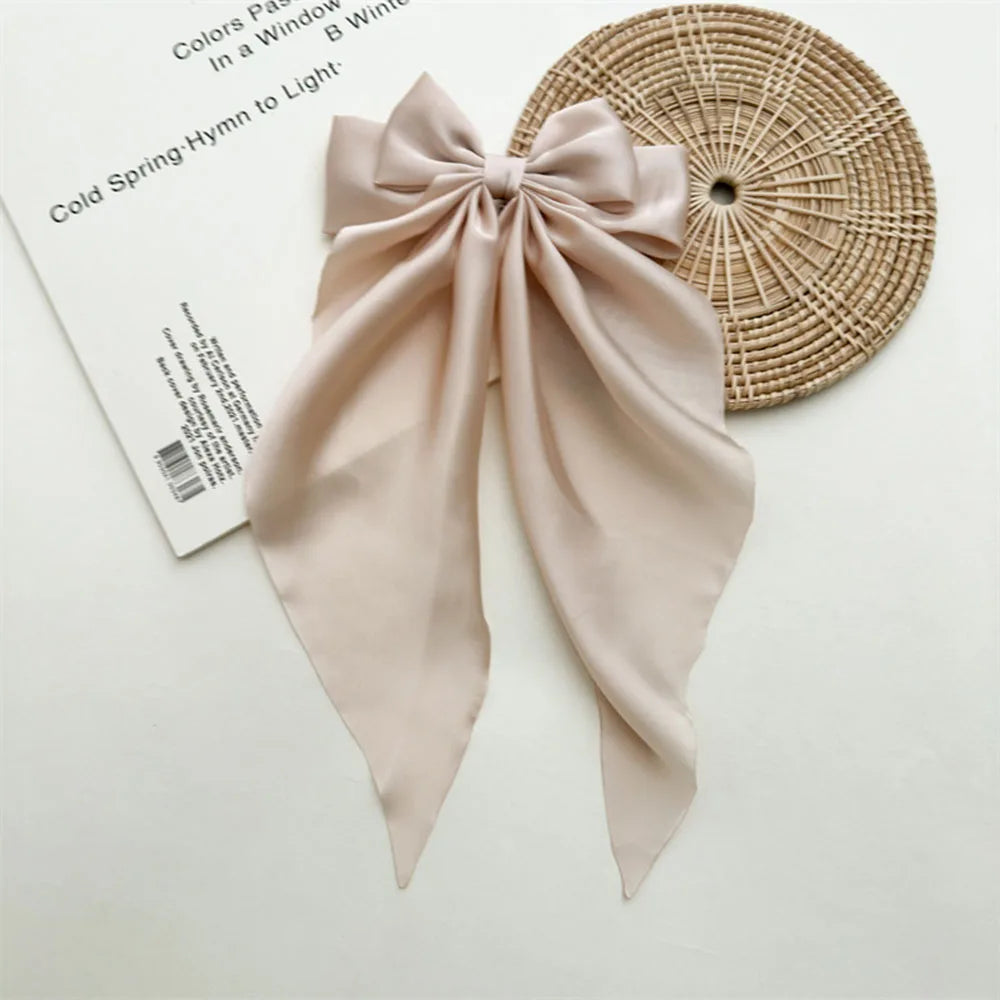Ladies Satin Large White pink Red Blue Black Ribbon bow Oversized bow Long tail hair clip spring clip ponytail Hair accessorie