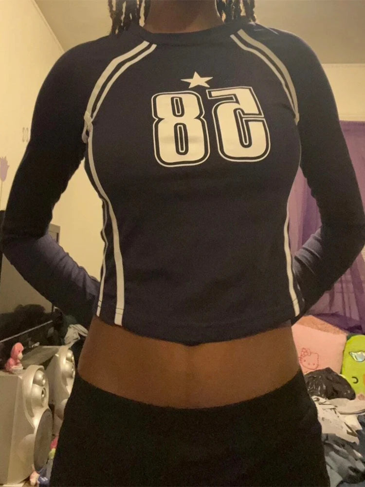 Gothic female Long sleeved Open Umbilical Letter Printing Casual Korean ladies Top Y2k Clothing EMO