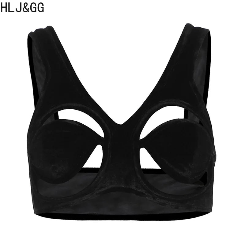 HLJ&GG Sexy Hollow Out Backless Slim Tank Top Women Round Neck Sleeveless Crop Vests Black Fashion Solid Nightclub Clothing 2025