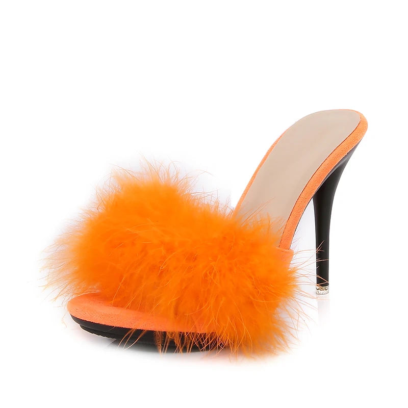 10CM Thin High Heel Designer Plus Size Summer Slippers For Ladies 2025 New Furry Slip-on Women's Shoes Pink Fur Slides Sandals