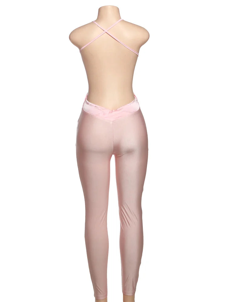Weird Puss Sexy Backless Jumpsuit Women Sleeveless Cross Ruched Wrap Straps Midnight Coquette Workout Activity Fitness Overalls