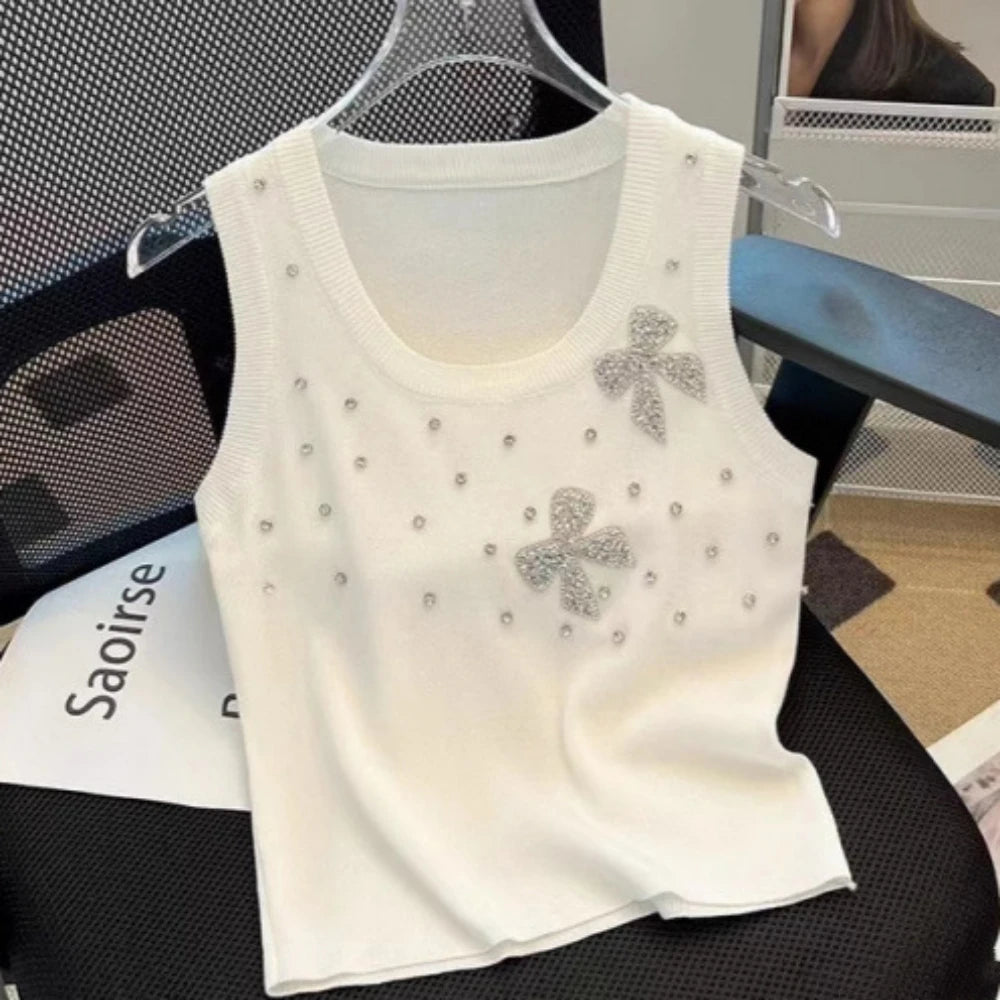 HLJ&GG Fashion Rhinestone Knit Tank Top Two Piece Sets Women Round Neck Sleeveless Crop Vest And Lace Ruffle Mini Skirts Outfits
