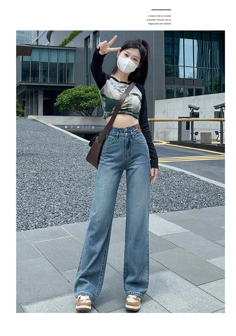 OUSSYU Woman Jeans High Waist Straight Wide Leg Cotton Clothing Blue Streetwear Vintage Fashion Harajuku Women Trousers