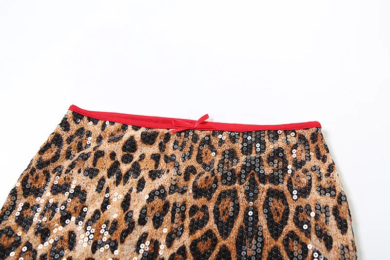 HLJ&GG Fashion Y2K Sequin Leopard Mini Skirts Two Piece Sets Women O Neck Short Sleeve Slim Croptop And Skirts Outfit Streetwear