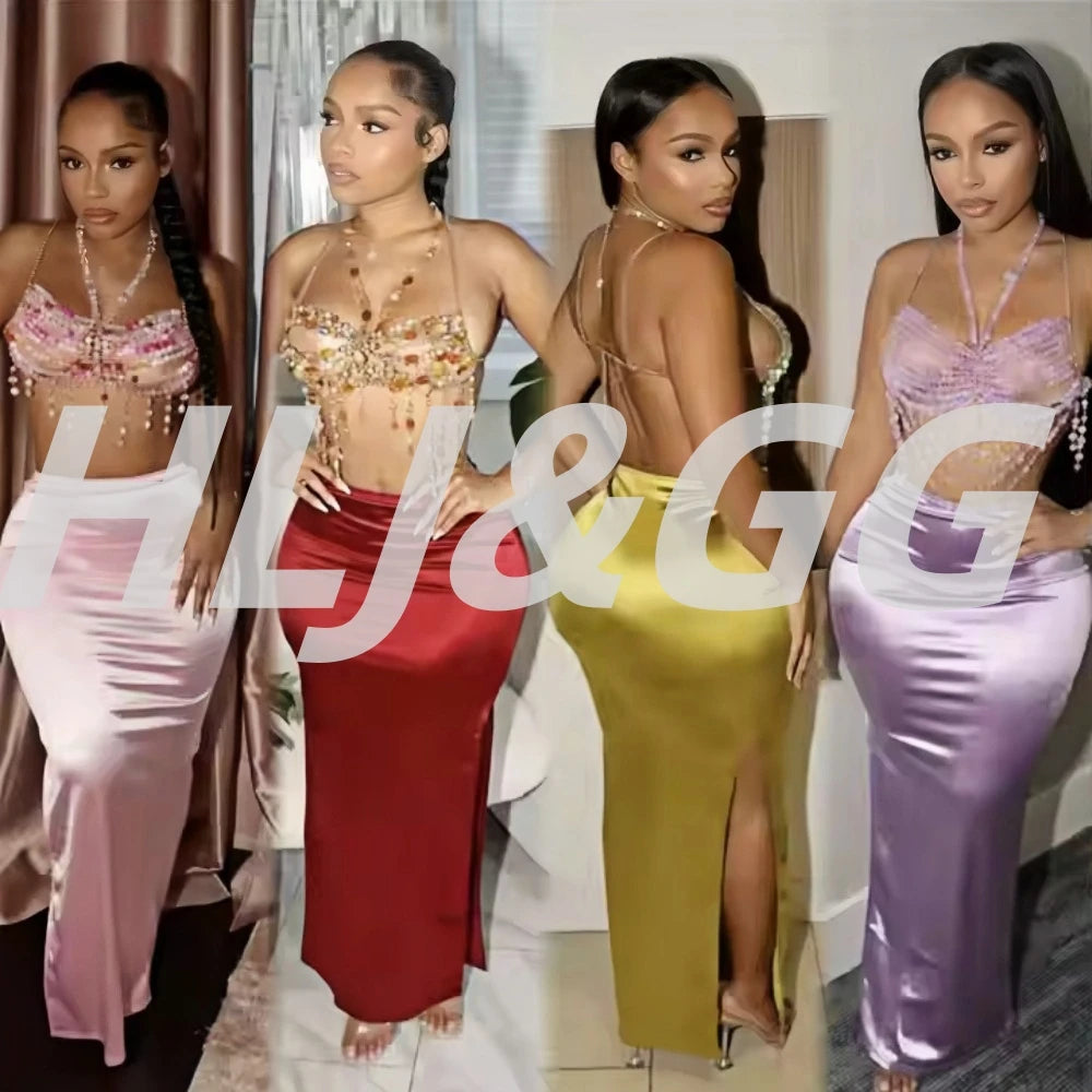 HLJ&GG Sexy Rhinestone Beads Halter Hollow Two Piece Sets Women Sleeveless Backless Top + Satin Skinny Skirts Outfits Streetwear