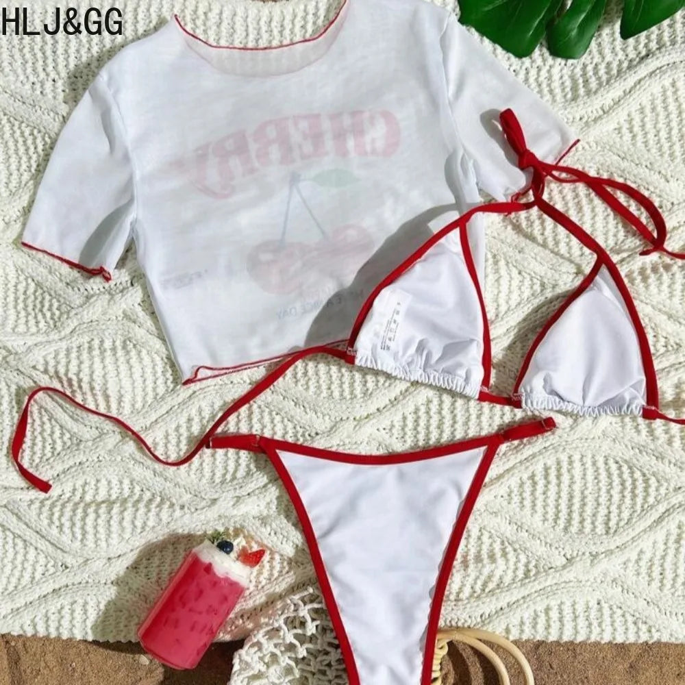 HLJ&GG Sexy Cherry Printed See Though 3 Piece Bikini Swimsuit Women Round Neck Short Sleeve Top Outfit Summer New 3pcs Beachwear